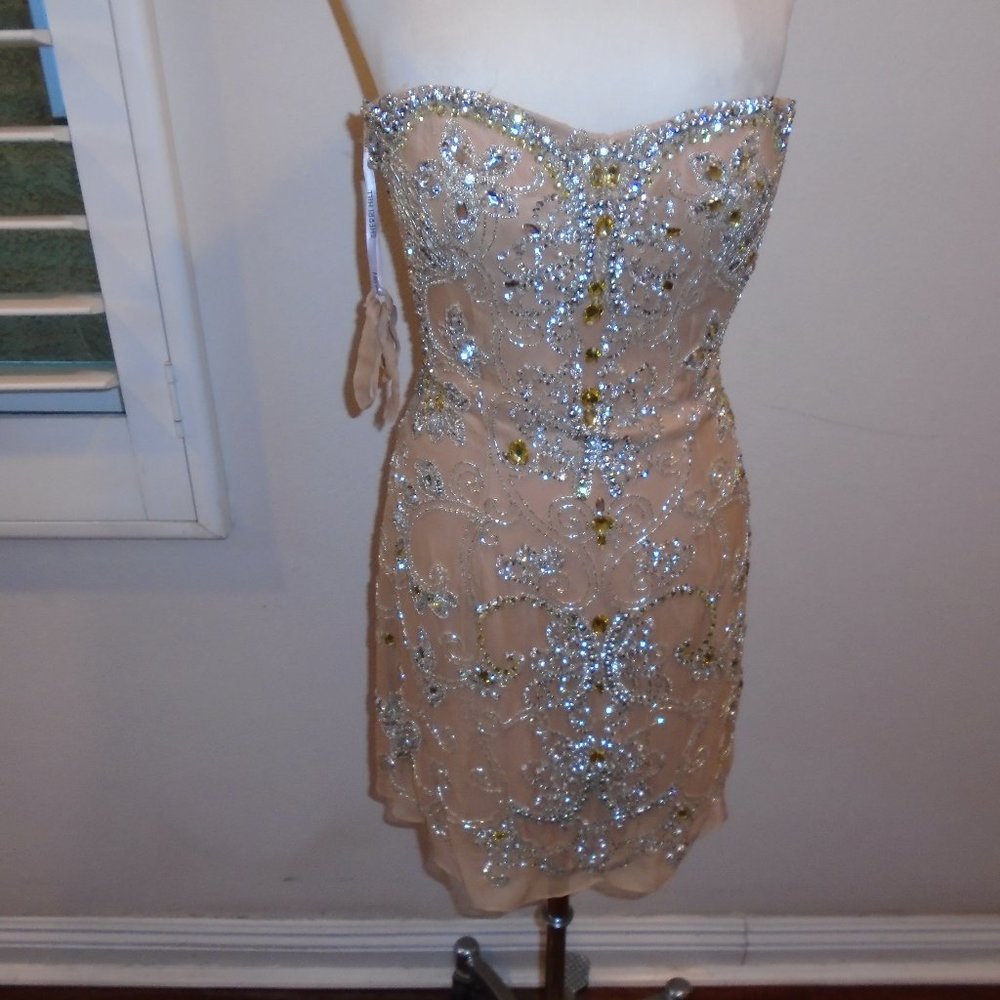 FORMAL EVENING OR BRIDAL DRESS SHERRY HILL BLUSH NUDE WITH RHINESTONES